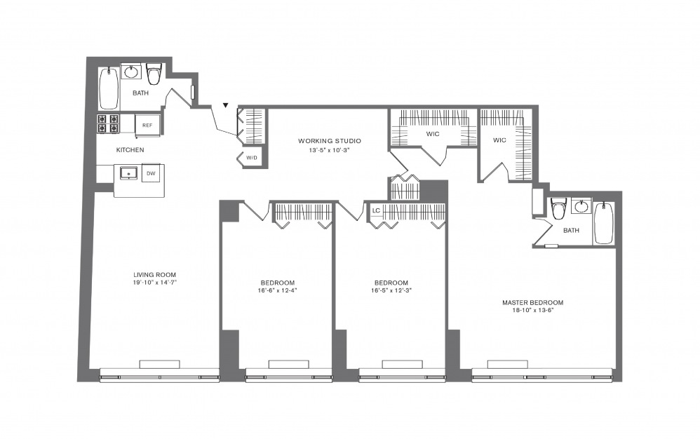 3 Bedroom F - 3 bedroom floorplan layout with 2 baths and 1708 to 1823 square feet.