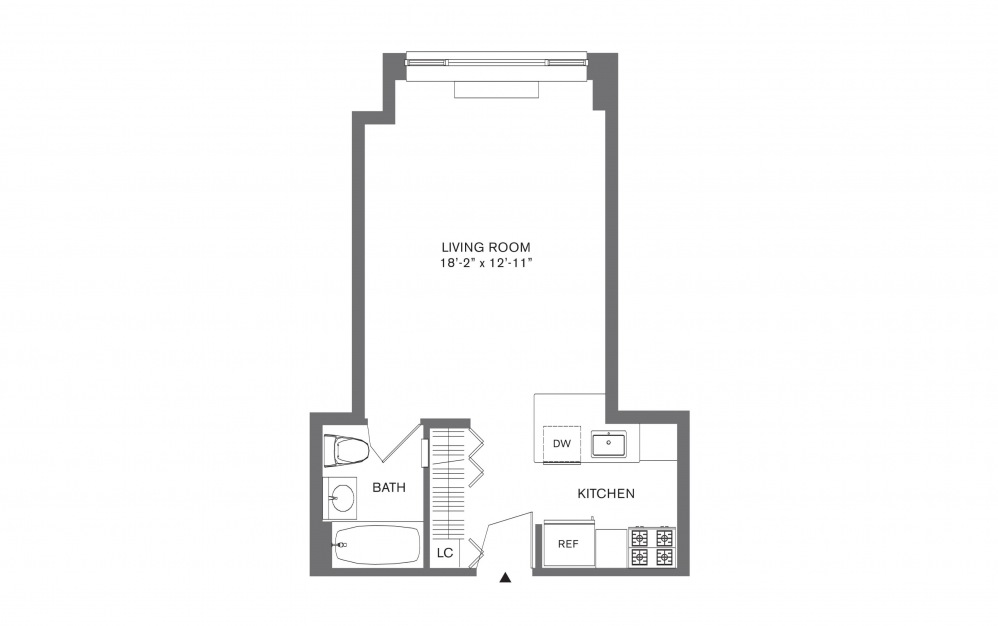 Studio B - Studio floorplan layout with 1 bath and 407 to 534 square feet.
