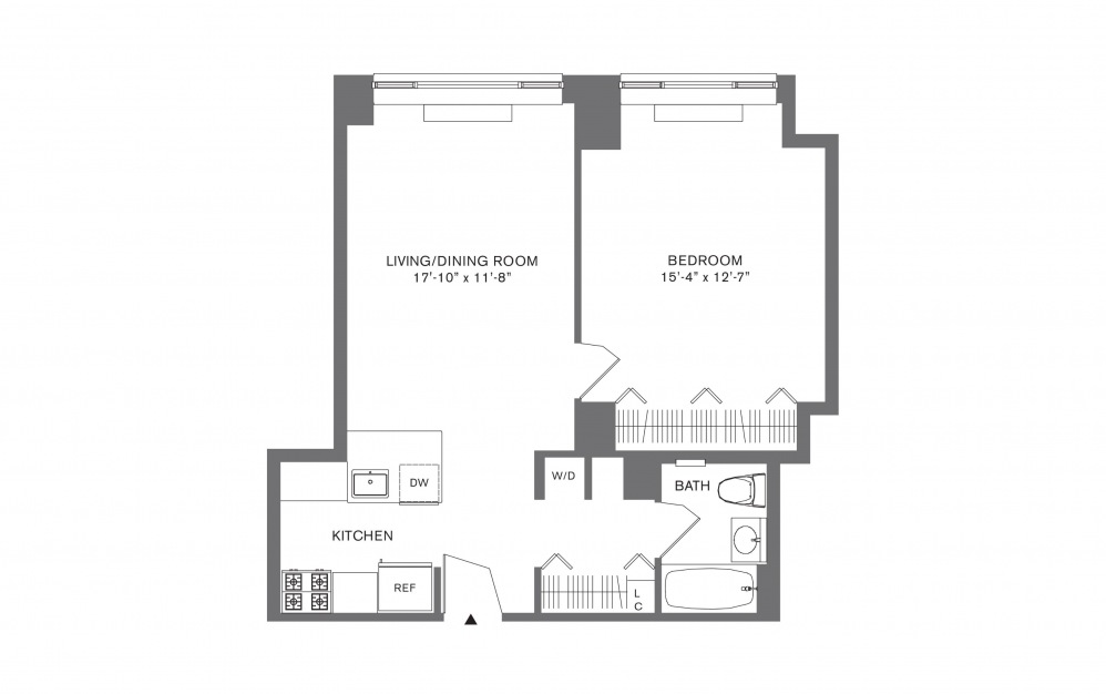 1 Bedroom B - 1 bedroom floorplan layout with 1 bath and 574 to 926 square feet.