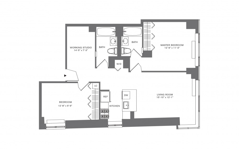 2 Bedroom B - 2 bedroom floorplan layout with 2 baths and 769 to 1103 square feet.