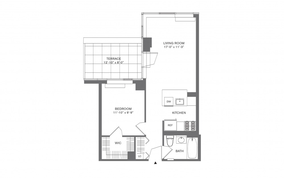 1 Bedroom F - 1 bedroom floorplan layout with 1 bath and 574 to 926 square feet.
